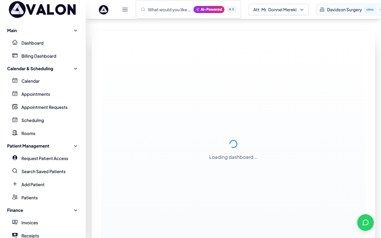Clinic dashboard overview showing key sections